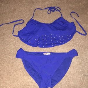SO royal blue string bikini cutout overlay top